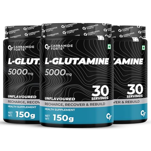 Image of Carbamide Forte L Glutamine Powder 5000mg | L Glutamine Supplement for Men | Post Workout Muscle Recovery Supplements for Men - Unflavoured - 30 SERVINGS - 150g (Pack of 3)