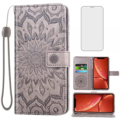 Phone Case for iPhone XR Wallet Cases with Tempered Glass Screen Protector Leather Flip Cover Card Holder Stand Cell Accessories iPhoneXR iPhone10R i Phonex 10XR 10R 10 R RX CR Women Men Gray