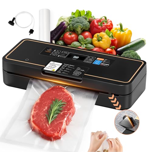 UPRUBE Vacuum Sealer for Food, 95kPa Food Saver Vacuum Sealer Machine, 135W Fast-Sealing with Easy Tear Cutter, Built-in Bag Storage, 9-in-1 Compact Food Vacuum Sealer Machine with 10 ft Bag Roll