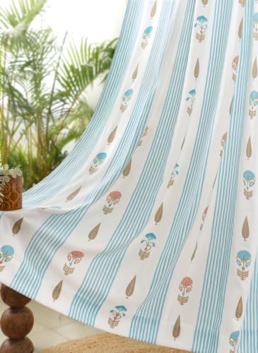 Image of Tranquebar Curtain Co. Window Curtains 5 Feet, 60-65% Room Darkening,Blue-Pink Floral Print, Cotton Curtains for Window, Cotton Curtains 5 Feet Long Set of 2, BackTab Loops,Reva (152 cm) - Set of 2