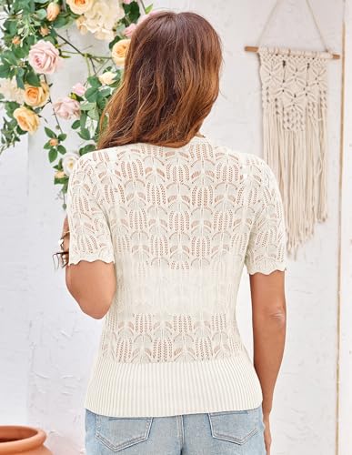 GRACE KARIN Womens Summer Short Sleeve Lightweight Cardigan V Neck Hollow Out Sweater 2025 Trendy Button Down Knit Tops3