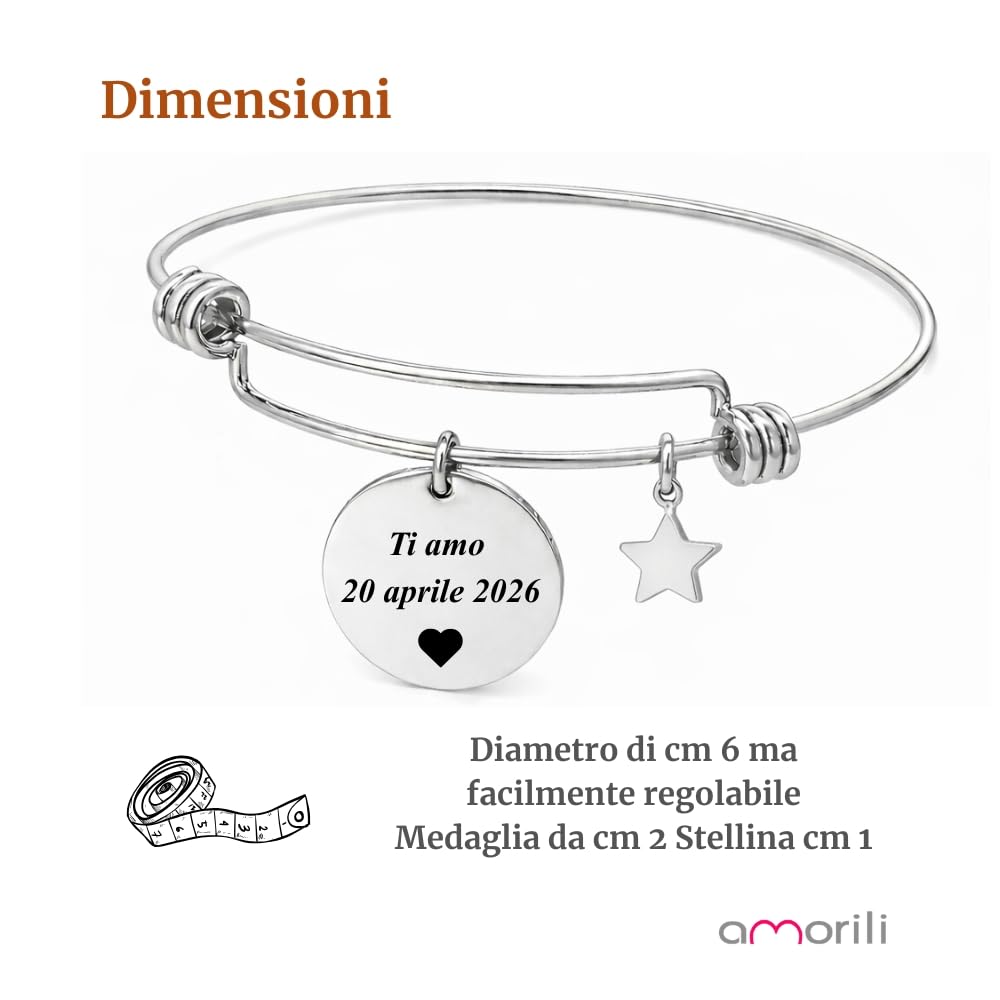 Bracciale Donna Personalizzato Personalizzabile con Incisione in Acciaio Inox Rigido – Incisione Nome Data Frase – Ciondolo Stella Stellina – Idea Regalo Elegante
