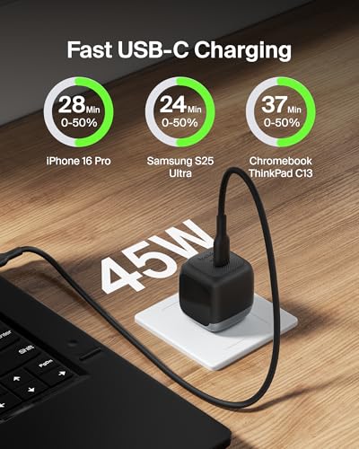 Image of Belkin Compact Wall Charger 45W, USB-C Power Delivery Fast Charging for Apple iPhone 16, 15, 14, 13, Plus, Pro, Pro Max, Samsung Galaxy S25, Galaxy S24, Pixel 9, MacBook, iPad, AirPods, & More - Black