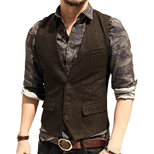 Men's Wedding Plus Size Dress Vest with 3 Pockets Casual Herringbone Tweed Slim Fit Waistcoat Jacket Tank Top for Prom Party
