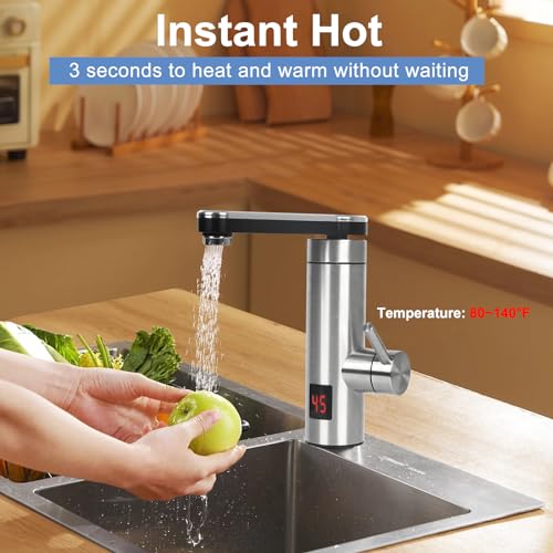 Elektrischer Wasserhahn für sofortiges heißes Wasser, 3 kW, elektrischer Wasserhahn für die Küche mit Digitalanzeige, 360 ° drehbar, Mischbatterie für Warmwasserbereiter aus Edelstahl