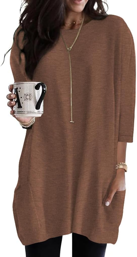 Poetsky Womens 3/4 Sleeve Tunics or Tops to Wear with Leggings Long Shirts Blouses with Pockets S-3XL