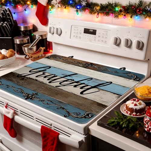 Image of Grateful Stove Top Cover for Electric Stove, Imitation Wood Pattern Range Covers, Blue White Funny Range Top Mats, Glass Cooktop Covers 28x20 inch, Vintage Cooktop Cover for Kitchen Home Decor