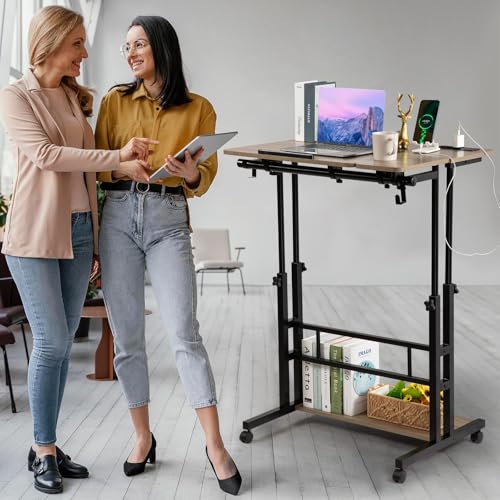 Image of Hadulcet Rolling Stand Up Desk Adjustable Height - Portable Standing Desk with Wheels & Charging Station, Mobile Laptop Desk Small Standing Desk Drawing Table, Grey
