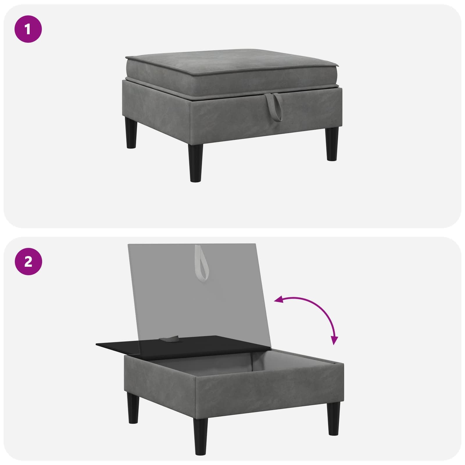 Fengshui Taboret na sofę z miejscem do przechowywania, ciemnoszary aksamit