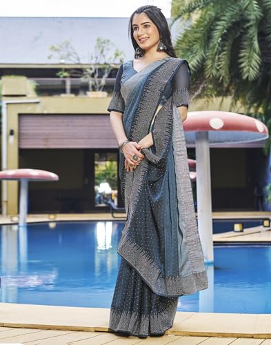 Image of SIRIL Women's Georgette Hot Fixing Stone Work Saree With Unstitched Blouse Piece (3402S266 Grey)