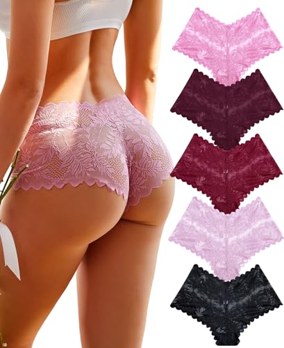 Image of FINETOO 5 Pack Sexy Lingerie Panties for Women Pack V-Waist Lace Womens Underwear French Cut Boyshorts Panty