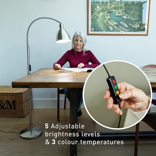 Daylight FlexiVision 2™ LED Floor Lamp – 3,500 Lux, 5 Brightness Levels, 3 Colour Temperatures, 95+ CRI, Flexible Arm & Multi-Swivel Head, Anti-Trip Cable, RNIB Collaboration – Brushed Steel - Image 4
