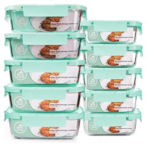 YARYOUNG Set of 10 Glass Meal Prep Containers with Lid & Steam Vent, Food Storage Containers with Snap Locking Lids, Airtight Lunch Bento Boxes (10 Containers + 10 Lids) Cover