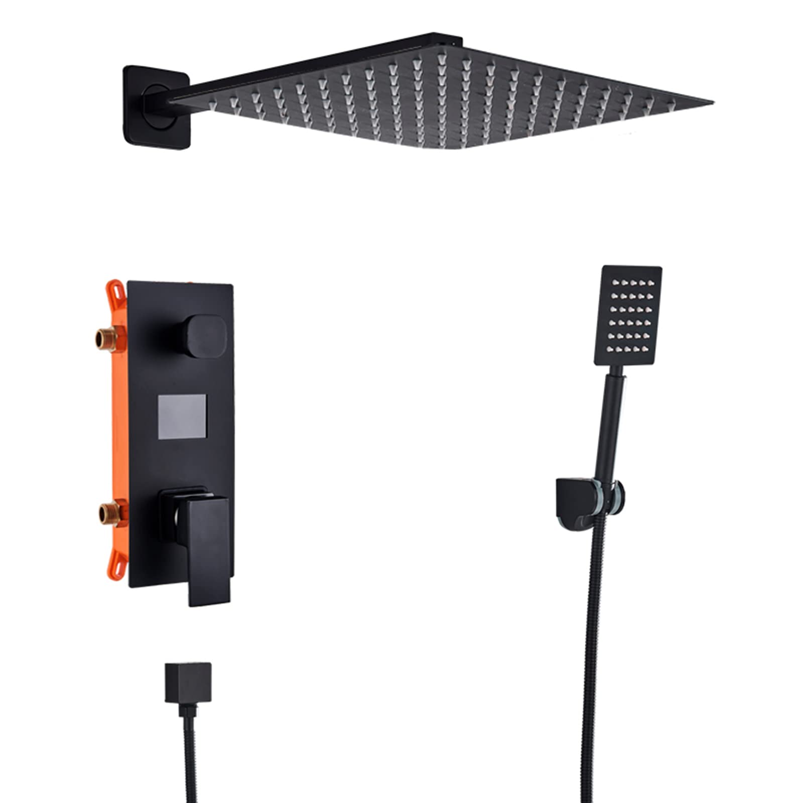 GLJTUO Shower System Digital Display Concealed Shower Faucet Set Matt Black Shower Combo Set with Hand Shower and Waterfall Rainfall Shower Head,size_name-16 Inch