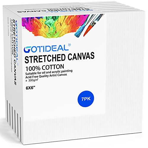 Image of GOTIDEAL Stretched Canvases for Painting, 6x6 inch Inch Set of 7, Primed White - 100% Cotton Blank Art Square Canvas Boards for Painting for Acrylic Pouring, Oil Paint Dry & Wet Art Media