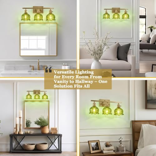 Image of 3-Light Vintage Bathroom Vanity Light, 19.4 inch Brass Hardwired Wall Sconce with Amber Tulip Glass Shades, Brushed Gold Vanity Light for Mirror, Restroom, Bedroom (Green, 3-Light)
