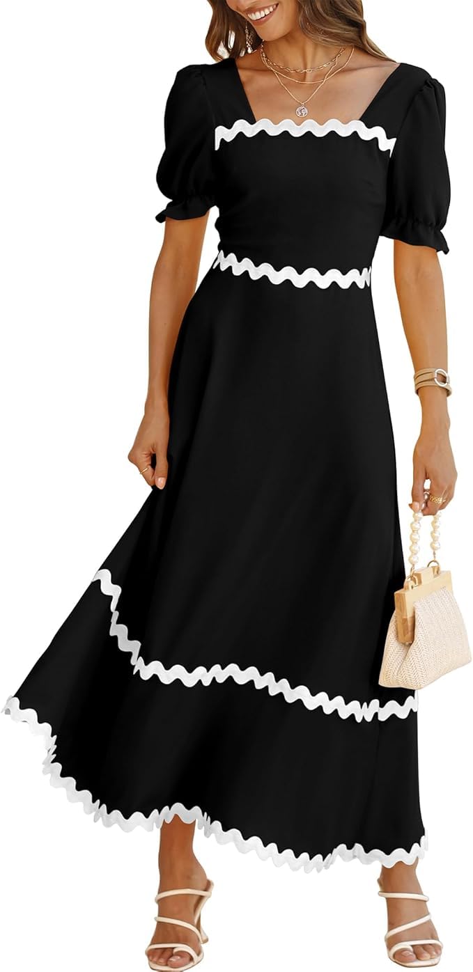 Abito da donna 2024 con scollo quadrato e maniche a sbuffo - Maxi abito casual a trapezio con punto smock