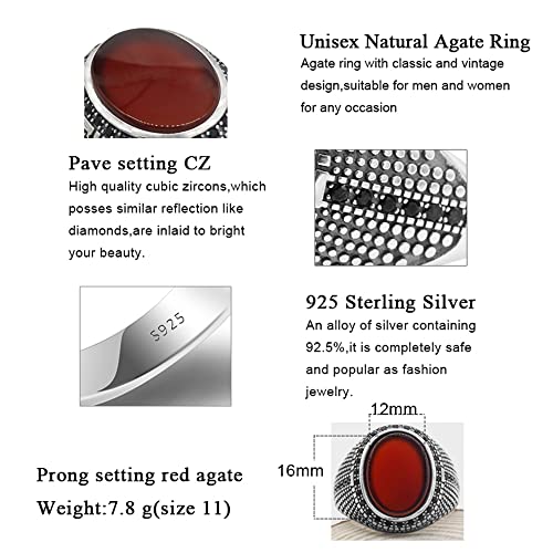 S925 sterling silver simple men's ring inlaid with red natural agate stone suitable for daily wear 7-13 sizes3