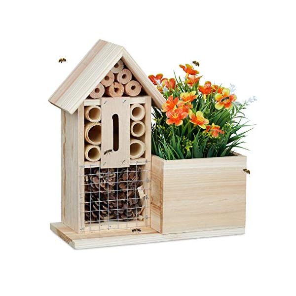 Relaxdays Blumentopf Bienenhotel, 2 in 1 Nisthilfe mit Übertopf, Pflanztopf Kräuter Blumen, Holz, HBT 26x24x12 cm, Natur
