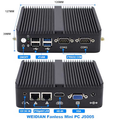 Image of WEIDIAN Fanless J5005 Mini PC Industrial, 8GB RAM 256GB SSD, 2xCOM RS232, 2xGigabit LAN, 2xDisplays(4K HD+VGA), 4xUSB Auto Power On Win 11 Pro Small Desktop Computer for Industrial Business Office