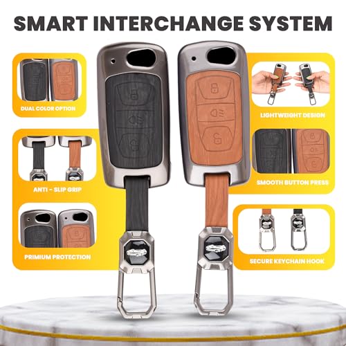 Image of Car Key Cover Compatible with Tata Nexon|Altroz|Tiago|Punch|Harrier|Safari|Tigor 3-Button Flip Smart Key (Dual Leather Metal (Black & Brown))