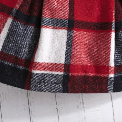 Image of Noubeau Toddler Girls Plaid Outfits Girls Puff Sleeve Knit Ribbed Shirt Tops Plaid Skirt Set Kids Fall Winter Clothes