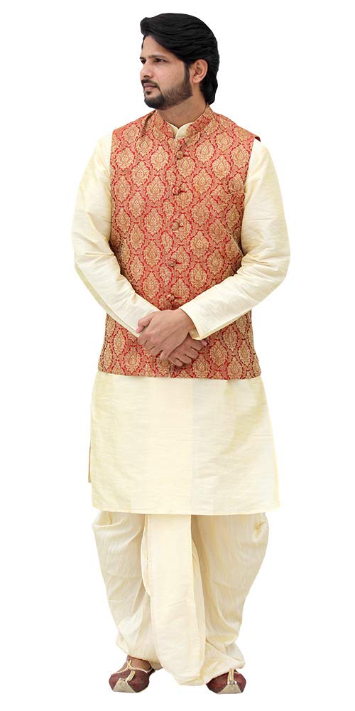 shubh mangalam Men's Golden Kurta Dhoti with Maroon Jacket Set (42)-picture-3