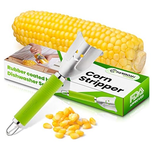 Yarmoshi Corn Stripper, Peeler, Corn on the Cob Zipper Tool to Remove Kernels - Stainless Steel with Rubber Coated, Non-Slip Ergonomic Handle for Extra Comfort - 7.5 x 2.2 Inches. Kitchen Gadget