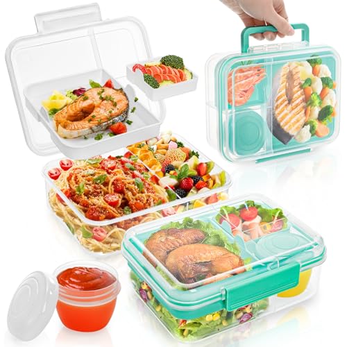 Eorbow 2 Pack Bento Box with Handle, 56Oz Leak-proof Lunch Container for Kids, 3 Compartments Salad Dressing Box with Sauce Cup, Meal Prep Container with 2 Removable Tray, Microwave&Dishwasher Safe