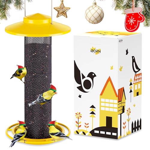 iBorn Finch Feeders for Outside,Thistle Bird Feeders for Outdoors Hanging,Nyjer Seed Feeder,Metal Mesh Tube Bird Feeder 13.5 Inch with 17cm Weatherproof Large Roof and Tray,2 LB Capacity,Yellow