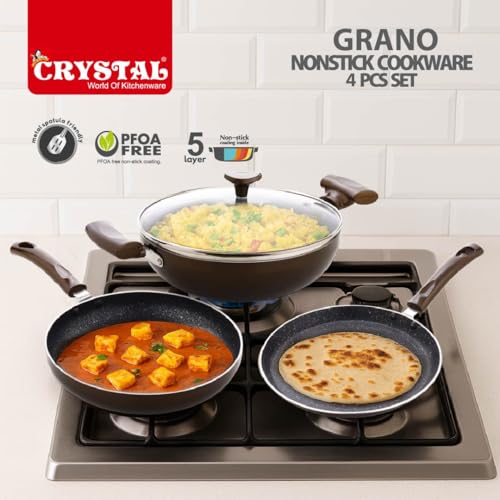 Image of Crystal Vivid Series Induction Base Non Stick Cookware Set- 4 Pcs | Tawa 250 mm + Fry Pan 240 mm + Kadai 240 mm + Glass Lid 240 mm | 3 mm Thickness | Metal Spoon Friendly