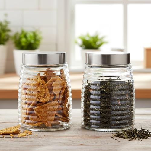 Image of Cutting EDGE 1350ml Borosilicate Glass Jar with Stainless Steel Lid - Airtight Round Transparent Kitchen Storage Container Set of 2 for Snacks, Dry Fruits, Masala, Pickles, Coffee & Food Essentials