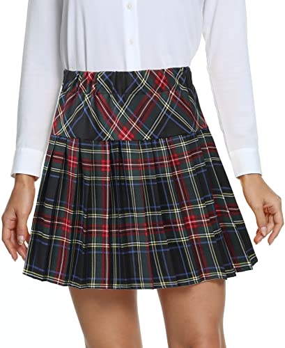 EXCHIC Femmes L'école Style A Ligne Elasticité Taille Haute Mini Plissée Jupe Plaid Ecossaise Kilt avec Pantalons(M, 18)