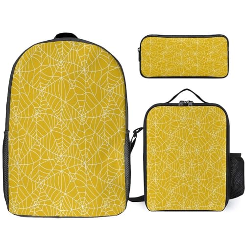 Yellow Spider Web Halloween Backpack Set 3 Pieces Backpacks Lunch Bag Wallet For Travel Outdoor Sports