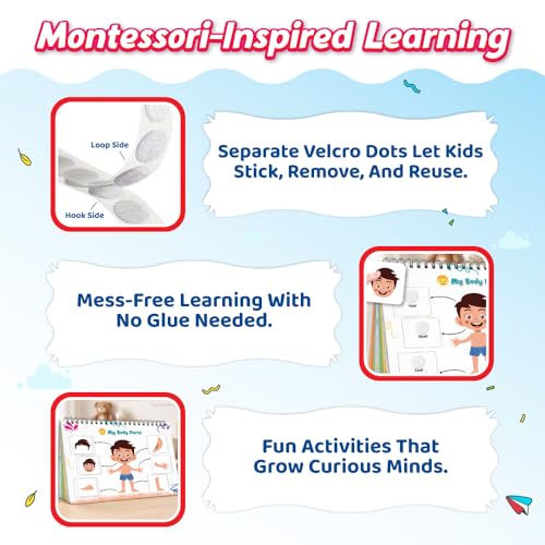 Image of Pick & Stick Velcro Learning Activity Book For Kids | Busy Book Level 1 For 2+ Years Old Toddlers | Montessori DIYs, Skill Builder, Numbers, Alphabets, Body Parts, Colors, Travel Vehicles, Kids Gifts