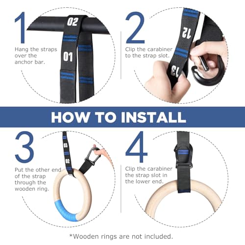Image of Adjustable Numbered Straps for Gymnastic Rings Steel Carabiners Quick Hook System Easy to Set Up One Pair Strap Only (Blue)
