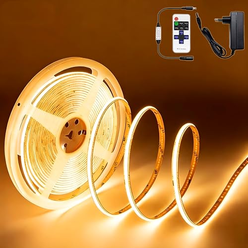 Kimuwote Ruban LED COB 3M, 24V Flexible Bande LED Blanc Chaud 3000K, Led Chambre Dimmable, CRI92, Largeur 8mm, avec Alimentation et RF Télécommande, Pour la...