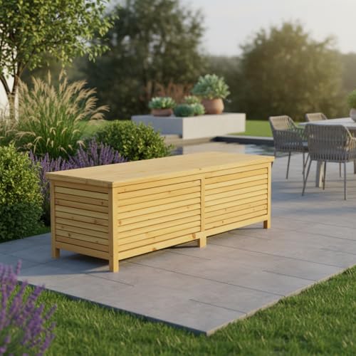 Mucola Auflagenbox Holz mit klappbarem Deckel 140x46x52cm Kissenbox Garten Aufbewahrungsbox für Gartenutensilien Gartenbox