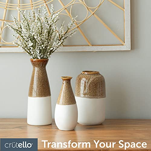 Crutello Ceramic Vase Set - 3 Small Vases - Two Toned Home Decor Rustic Vase Set For Mantles, Bookshelves, Tables, Entryways #TOP3
