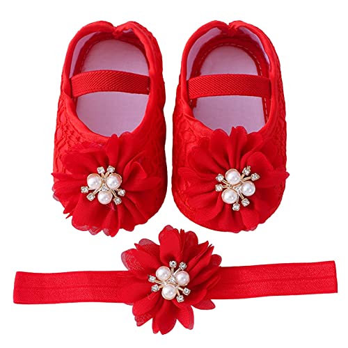 Baby Shoes with Hair Band Fashion Soft Soled Infant Shoes Versatile Dress Flower Baby Tennis Shoes Girl 12 18 Months (Red, 4 Infant)