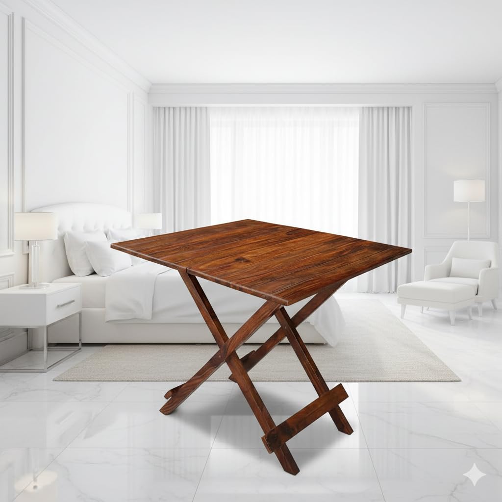 WELL KNOWN Patio Folding Table for Garden, Outdoor & Balcony, Square, Solid Wood Sheesham, Natural Finish