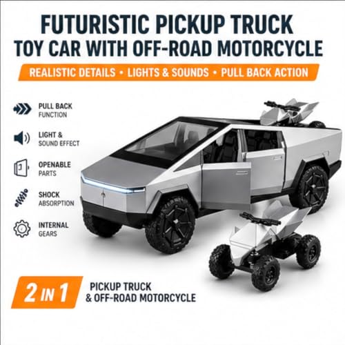 Image of PLUSPOINT Diecast Metal Tesla Toy car Cybertruck 1:24 Scale - Pull Back Alloy Simulation Vehicle with Lights & Sound, Collectible Model for Kids, Adults & Dashboard Display