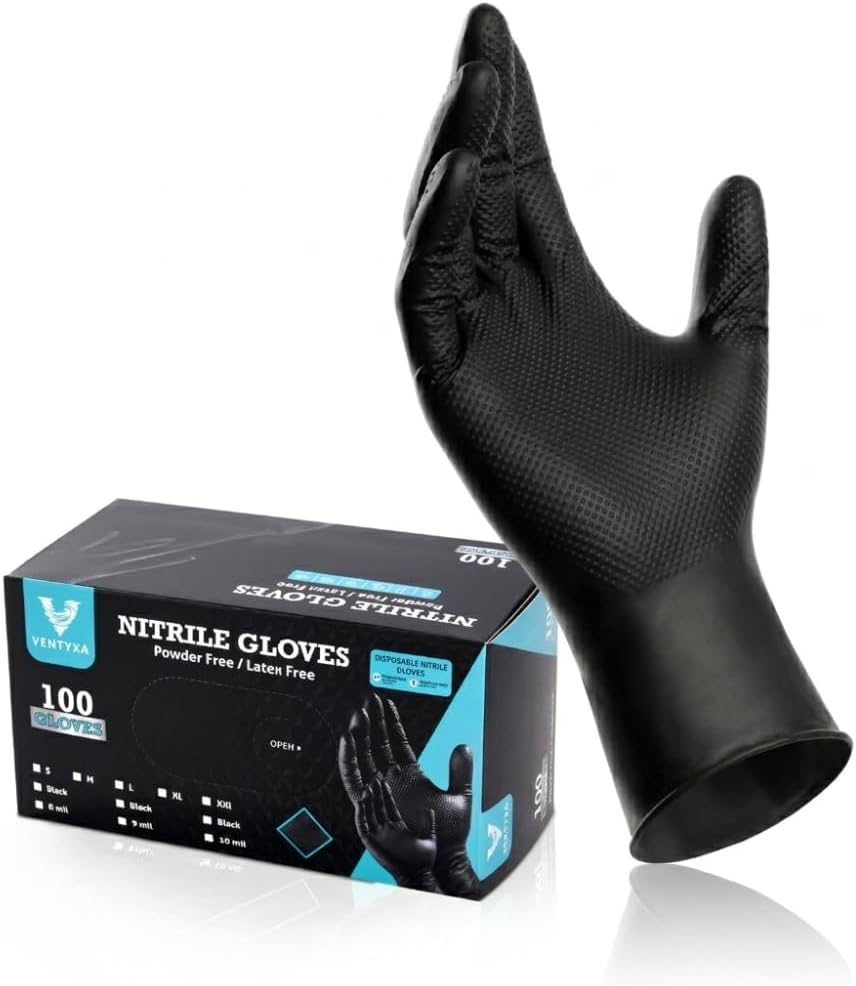 Heavy Duty Black Industrial Nitrile Gloves with Raised Diamond Texture, 100 Pack Latex-Free (10mil) Medium
