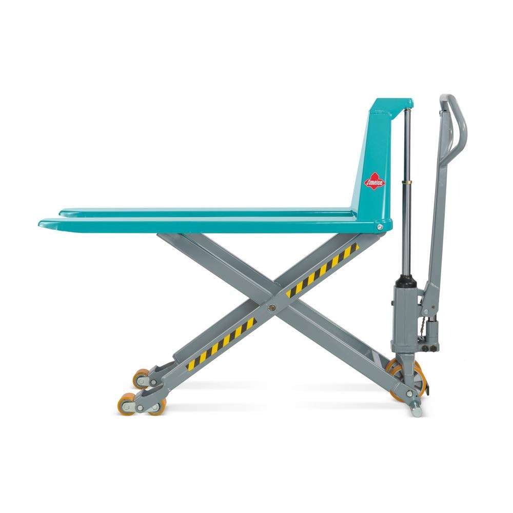 Ameise Scherenhubwagen PTM | 1.500 kg Tragkraft | 85-800 mm Hubbereich | 1.200 mm Gabellänge | Lenkrad aus robustem Polyurethan | Polyurethan Tandem-Gabelrollen | Hubtisch mit Schnellhub bis 300 kg