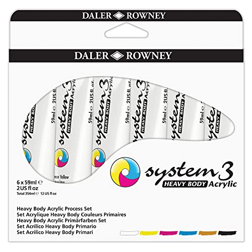 Daler-Rowney, System3, Pintura acrílica, Bote de plástico, Cuerpo espeso, 59ml, Caja de cartón, Set de Iniciación, 6 Colores Surtidos