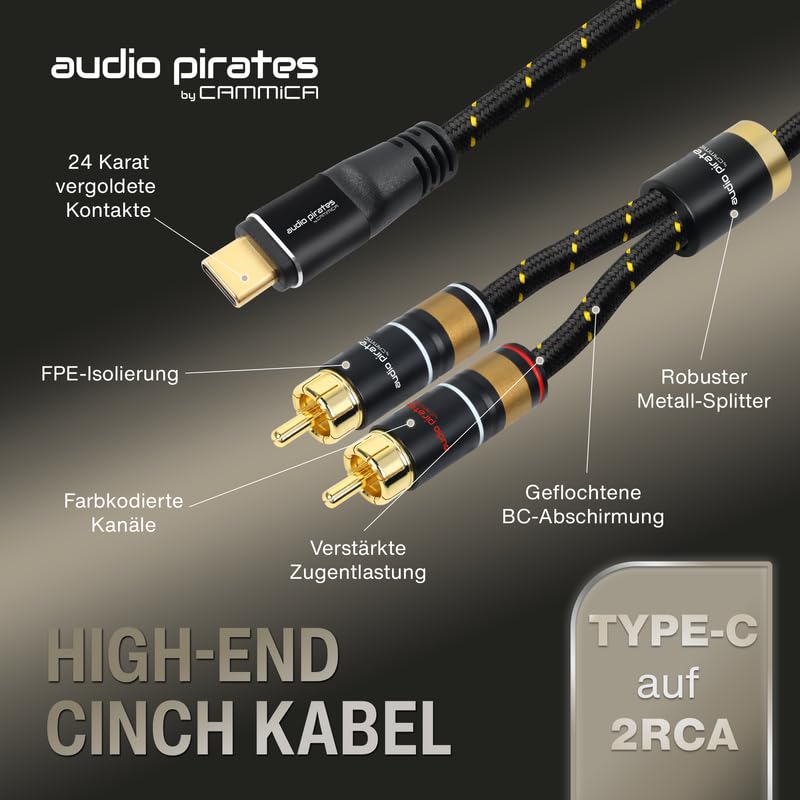 audio pirates by cammica USB-C a 2 connettori RCA Clinch, cavo RCA, cavo audio | cavo audio di fascia alta con alloggiamento in metallo e contatti dorati (10 metri)