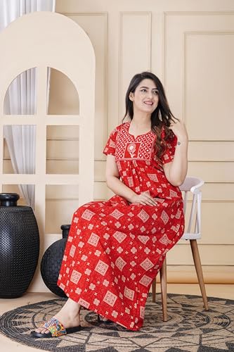 Image of DIAMO Pure Cotton Embroidery Nighty for Women, Night Gown for Woman, Cotton Nighty for Women, Maxi Night Gown Nighty with a Pocket and Adjustable Knot (Free Size)
