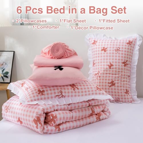 Image of A Nice Night Bow Comforter Set,6 Piece Bed in a Bag with Comforter & Sheet Set,Chic Grid Bowknot Bedding Sets,Princess Themed Bed Sets for Kids Girls,Twin
