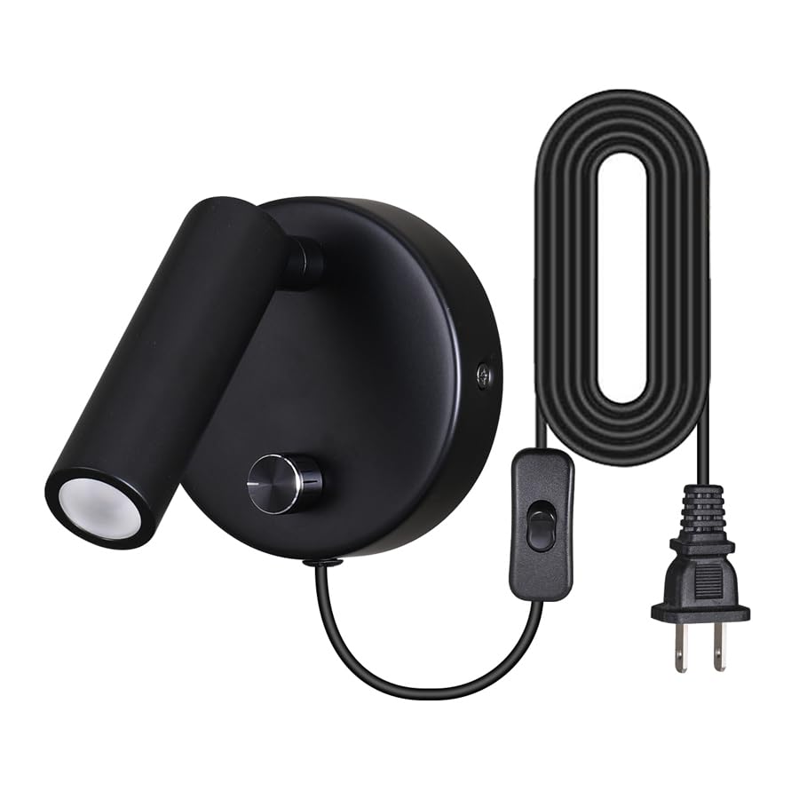 Image of Surface Wall Mounted Reading Light Sconces Lamp Physical Knob Dimmer Switch LED 5W Warm White 3000K (Black Plug Cord)