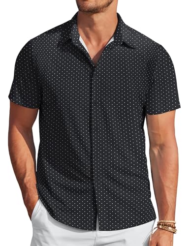 COOFANDY Chemise décontractée sans plis à manches courtes pour homme - Chemise d'été extensible, Pois blancs noirs, Taille XL